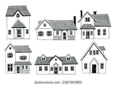 Colección vectorial de casas, conjunto de adorables edificios de dibujos a mano