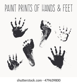 Vector collection of human footprints and palm prints. Cute steps and hands drawn with watercolors. Monochrome design elements