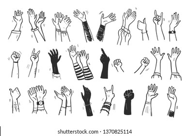 Vector collection of human hands up, gestures, thumb up, greeting, applause so on isolated on white background. Hand drawn, flat, sketch style. For cards, advertising, banners, invitations, tags etc.