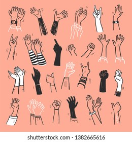 Vector collection of human hands up, gestures, thumb up, greeting, applause so on isolated on light background. Hand drawn, flat, sketch style. For cards, advertising, banners, invitations, tags etc.