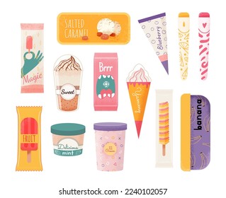 Vector collection of ice cream icons of different types: ice cream on a stick, ice cream in a cone, frozen popsicles, portion cold dessert. Cartoon style.