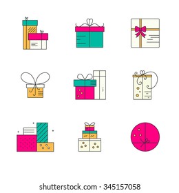 Vector collection of icons with different presents and gift boxes. Holiday presents made in different shapes. Vector line series. 