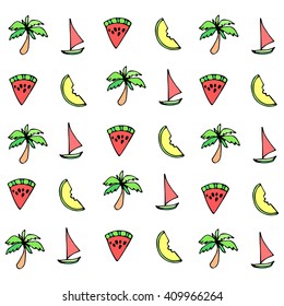 Vector collection of icons with different summer elements - palm, sailing ship, watermelon and melon