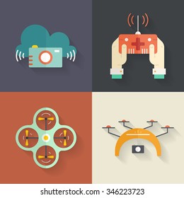 Vector collection of icons with drones, quadrocopters, muticopters. Drone technology. Aerial photography and videography.