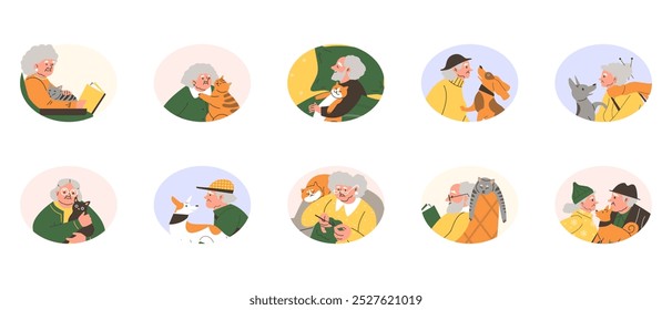 A vector collection of icons of elderly men and women with a dog and a cat who are engaged in activities such as walking, reading and spending time at home.