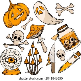 Vector collection of icons and elements of Halloween concept illustration with sign and symbol. Flat design m cartoon elements for decoration.