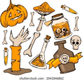 Vector collection of icons and elements of Halloween concept illustration with sign and symbol. Flat design m cartoon elements for decoration.