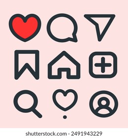 vector collection of icons in the form of a house, search icon, browse, profile, add, like, comment which can be used as an application icon or logo complement