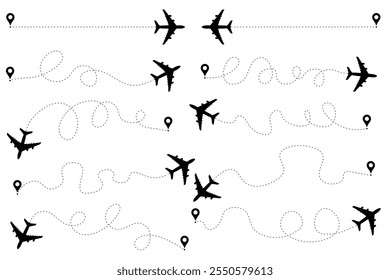 Um conjunto vetorial de ícones que ilustram uma rota de voo da aeronave, apresentando um ponto de partida e uma trajetória de linha tracejada.