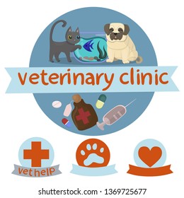 Vector collection of icons and logo. Logo for  veterinary clinic. Cute icons set. Flat logo design. 