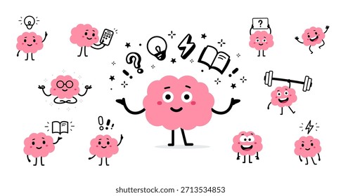 Vector colección de ilustración de carácter cerebral en diferentes poses. Diseño plano del estilo del doodle del sistema del cerebro rosado lindo de la sonrisa feliz con la pregunta y la mancuerna. Carácter fuerte e inteligente