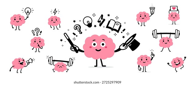 Vector colección de la ilustración. Carácter del cerebro en diversa pose. Conjunto de linda sonrisa feliz cerebro rosa con varita mágica. Diseño de estilo doodle plano. Carácter inteligente fuerte con pregunta y mancuerna