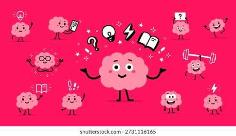 Coleção vetorial de ilustração de personagem cerebral. Design de estilo doodle plano de conjunto de cérebro rosa sorriso feliz bonito em várias poses. Forte caráter de mente educacional com pergunta e haltere