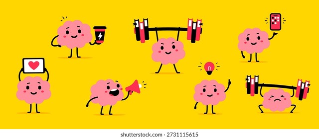 Vector collection of illustration of cute brain with barbell and megaphone. Doodle flat style design of set of strong and clever smile brain in various pose. Happy pink mind character with light bulb