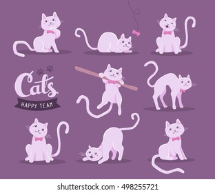 Vector collection of illustration of cute cat in various poses with pink bow and text with cat paw prints on dark background. Flat style design for greeting card, poster, web, site, banner, sticker