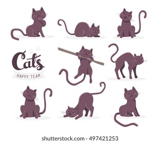 Vector collection of illustration of cute dark cat in various poses and text with cat paw prints on white background. Flat style design for greeting card, poster, web, site, banner, sticker, logo
