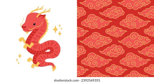 Vector collection. Illustration of a cute dragon and seamless pattern with clouds in Chinese style