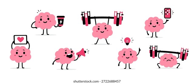 Vector colección de ilustración de cerebro rosa feliz lindo en diferente pose con barra y megáfono. Doodle diseño de estilo plano de conjunto de carácter de cerebro de sonrisa fuerte e inteligente con bombilla