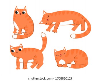 Vector collection of illustration of cute red cat in various poses isoleted on white. Flat style childish design for greeting card, poster, web site, banner, sticker