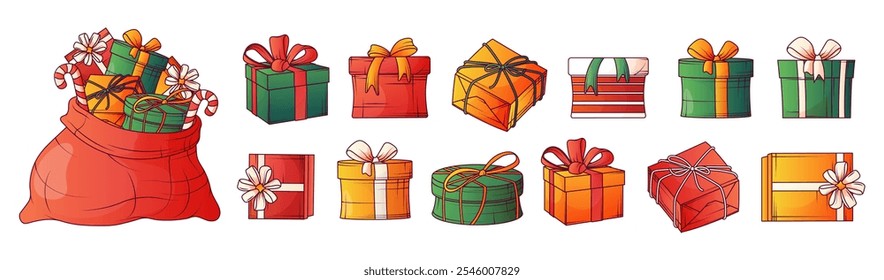 Vektorgrafik der Illustration von Geschenkboxen. Geschenktüte. Dekorative Designelemente. Frohe Weihnachten, Neujahrskonzept.