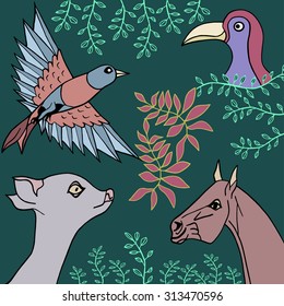 Vector collection illustration with horse, parrot, tulip, plants, leaves, bird