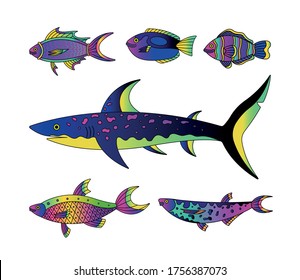 Vector collection of illustration of sea and water fishes. Modern templates with neon and outline elements. 