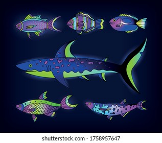 Vector collection of illustration of sea and water fishes. Modern templates with neon and outline elements. 