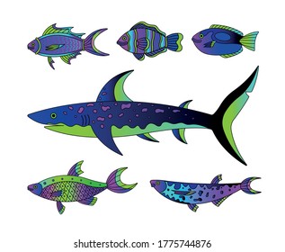 Vector collection of illustration of sea and water fishes. Modern templates with neon and outline elements. 