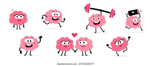 Vector colección de ilustración de carácter cerebral fuerte e inteligente en diferente pose con batería de energía y mancuerna. Diseño plano del estilo del doodle del sistema del cerebro rosado lindo de la sonrisa feliz en amor