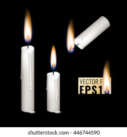 Vector collection of illustration white wax candle with bright flame of wicks isolated on dark background. Looks good on any kind of dark background.