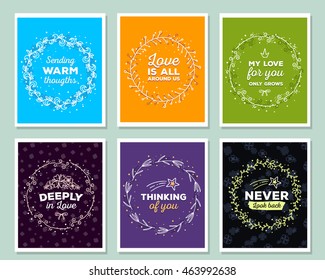 Vector collection of illustration of wonderful template with floral frames, flowers, inscriptions on color and dark background. Hand drawn flat doodle art design of flower poster, card, invitation