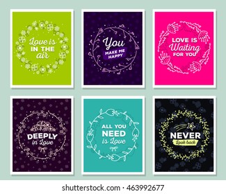 Vector collection of illustration of wonderful template with floral frames, flowers, inscriptions on color and dark background. Hand drawn flat doodle art design of flower poster, card, invitation