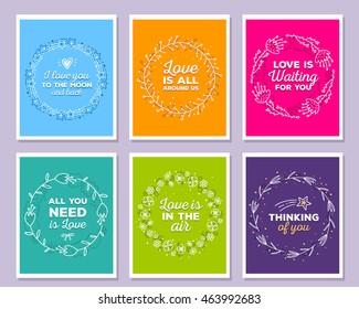 Vector collection of illustration of wonderful template with floral frames, flowers, inscriptions on color background. Hand drawn flat doodle art design of flower poster, card, wedding invitation