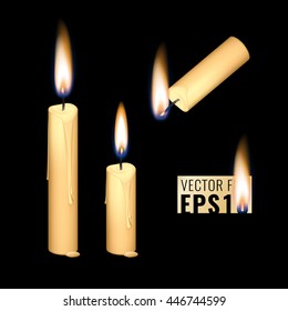 Vector collection of illustration yellow wax candle with bright flame of wicks isolated on dark background. Looks good on any kind of dark background.