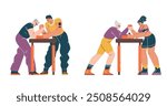 A vector collection of illustrations of arm wrestling competitions with rivals of different ages: an elderly woman and a man competing with a young guy and a girl