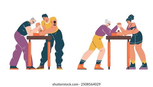 A vector collection of illustrations of arm wrestling competitions with rivals of different ages: an elderly woman and a man competing with a young guy and a girl