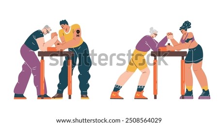 A vector collection of illustrations of arm wrestling competitions with rivals of different ages: an elderly woman and a man competing with a young guy and a girl