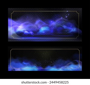 Vector collection illustrations of blue abstract smoke background with glowing particles. Smoke effect. Space background with gold frame. Futuristic galaxy with neon  nebula. Futuristic design. Eps 10