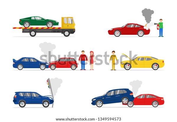 Vector\
collection of illustrations of car accidents, assistance and\
services isolated on white background. Flat style. Good for\
advertising, banners, posters and\
postcards.