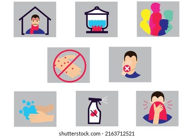 Vector collection of illustrations of coronavirus precautions such as staying at home when sick, covering your mouth with a tissue when coughing, and others.