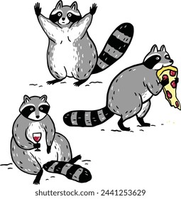 Vector collection of illustrations of a cute funny raccoon cartoon character isolated on white background