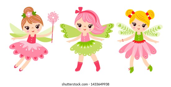 Vector collection of illustrations with fairies. Cute magical girls on a white background.