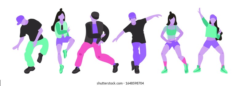 Vector collection of illustrations of girls and guys in modern clothes on a white isolated background. Hip hop and break dance dance Acidic and toxic bright colors and modern flat style.