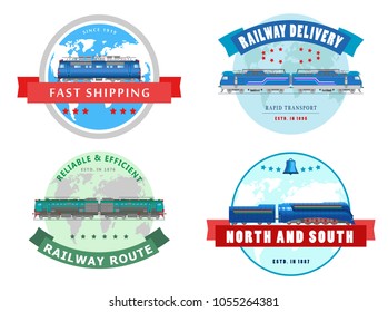 Vector collection of illustrations of logos and symbols of delivery company, isolated on white background. Flat style. Design icons of railway locomotives.