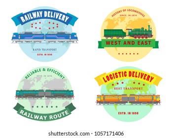 Vector collection of illustrations of logos and symbols of delivery company, isolated on white background. Flat style. Design icons of railway locomotives.