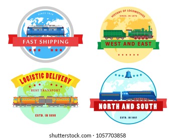 Vector collection of illustrations of logos and symbols of delivery company, isolated on white background. Flat style. Design icons of railway locomotives.