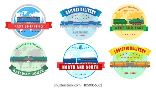 Vector collection of illustrations of logos and symbols of delivery company, isolated on white background. Flat style. Design icons of railway locomotives.