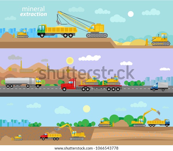 Vector\
collection of illustrations of mineral extraction process, isolated\
on  industrial landscape. Trucks, bulldozers and excavators. Flat\
style. Good for advertisement, banners,\
posters.
