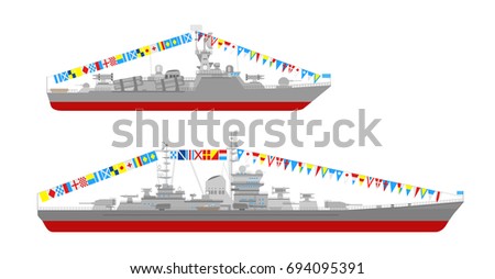 Vector collection of illustrations of missile cruiser and military ship isolated on white background. Flat style. Good for advertisement, banners, posters and cards.