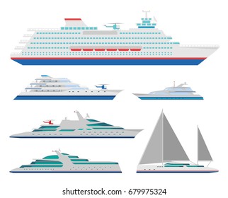 Vector collection of illustrations: of ocean cruise liner and ocean yachts  isolated on white background. Flat style. Good for advertisement, banners, posters and cards.
